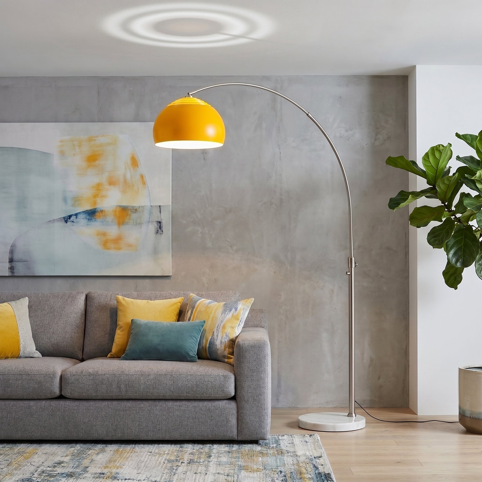 NOVA of California Float 92"H 1-Light Arc Lamp Satin Nickel Mustard White — styled view