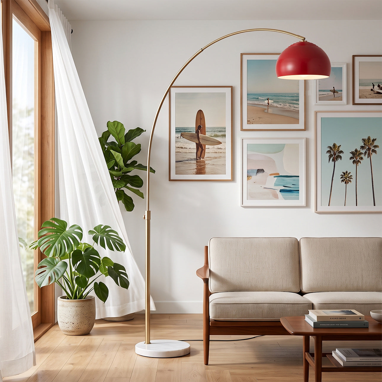 NOVA of California Float 92"H 1-Light Arc Lamp Weathered Brass Crimson Red White Marble — styled view