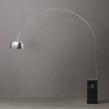 NOVA of California Iconic 95" Black Marble Block Base Arc Floor Lamp with Adjustable Shade in Satin Nickel Finish Brushed Nickel Black — styled view