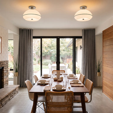 NOVA of California Morelli Flush Mount Satin Nickel White with Black Nickel Stripe — styled view