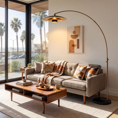 NOVA of California Rancho Mirage Arc Lamp Weathered Brass Matte Black/Gold Black — styled view