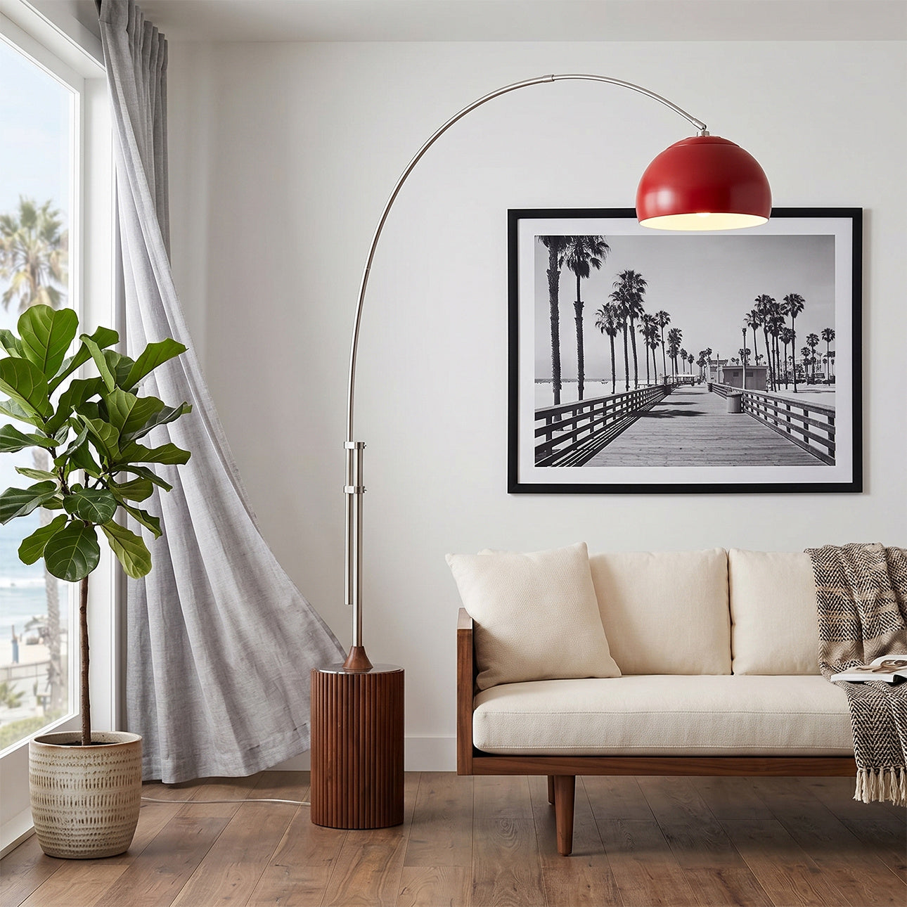 NOVA of California Tambo Half-Dome 92"H 1-Light Arc Lamp Satin Nickel Crimson Red Dark Walnut — styled view
