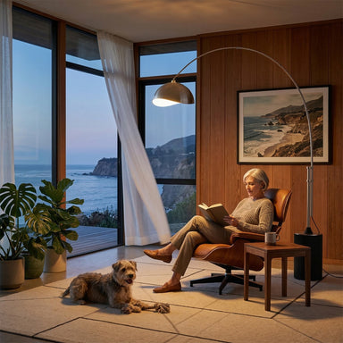NOVA of California Tambo Luna bella 92"H 1-Light Arc Lamp Satin Nickel Black Oak — styled view