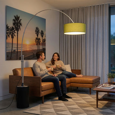 NOVA of California Tambo Stretch 92"H 1-Light Arc Lamp Satin Nickel Avocado Black Oak — styled view